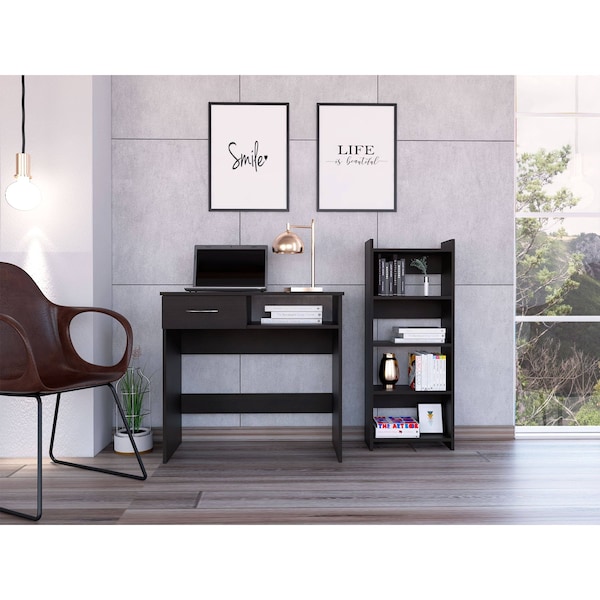 Vizcaya Home Office Set, Single Drawer, Keyboard Tray,Bookcase, Black